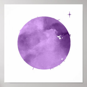 Watercolor Lila Måne & Star Night Himmel Poster