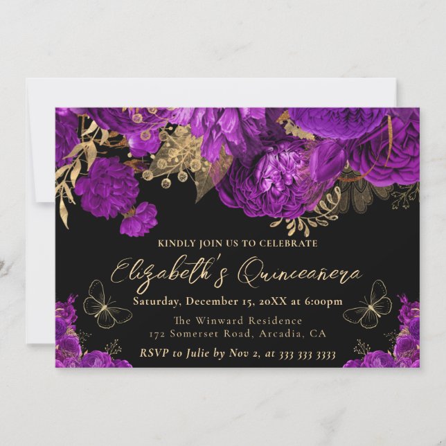Watercolor Lila och Guld Flowers Quinceanera Inbjudningar (Framsida)