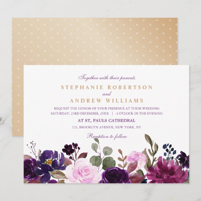 Watercolor Lila Plum Blommigt Rustic Boho Inbjudningar (Fram/baksida)