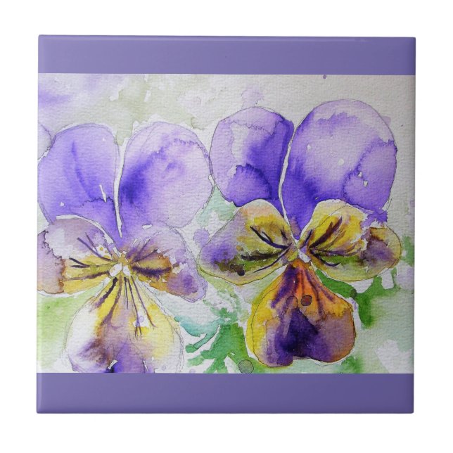 Watercolor Lila Viola Pansy Blommigt Ceramic Tile Kakelplatta (Framsidan)