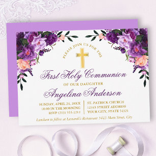 Watercolor Lila Violet Blommigt Communion Guld Inbjudningar