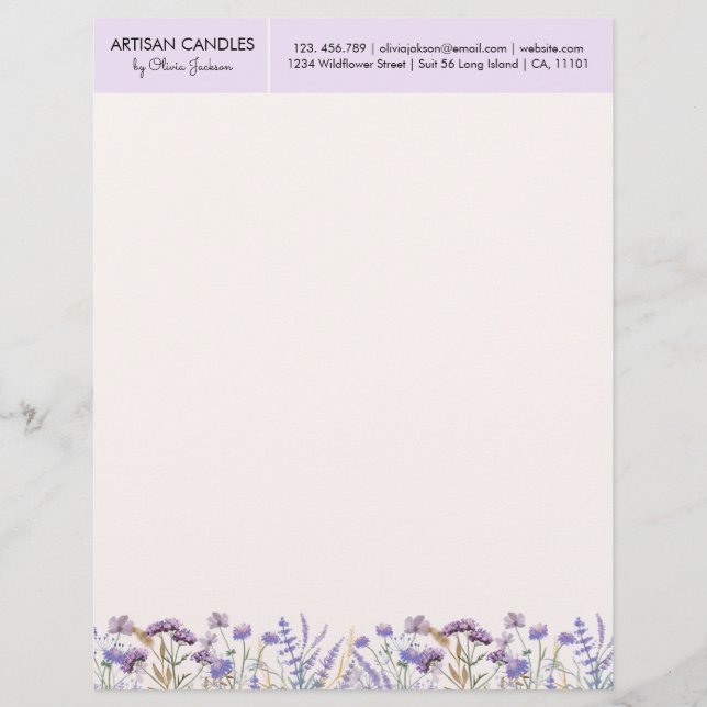 Watercolor Lila Wildblomme Meadow med Adress Brevhuvud (Framsida)