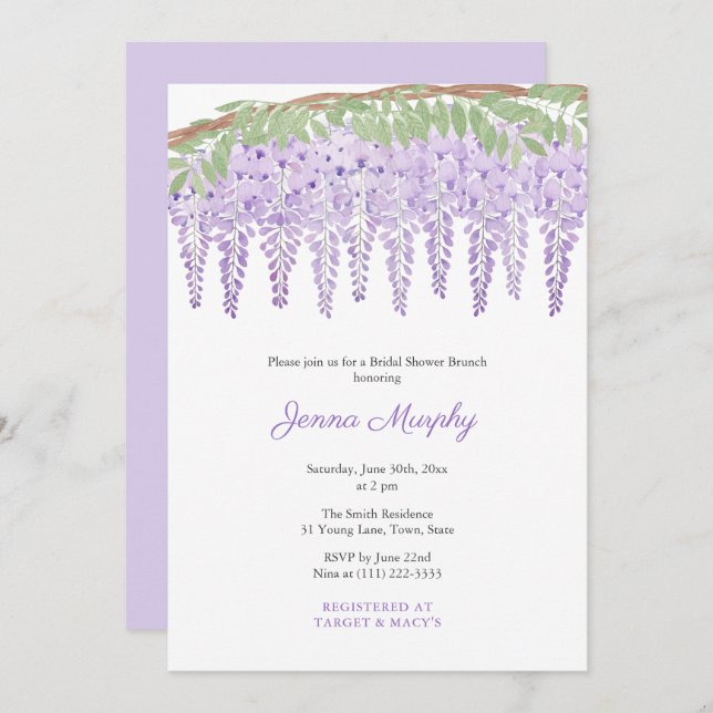 Watercolor Lila Wisteria Möhippa Party Inbjudningar (Fram/baksida)