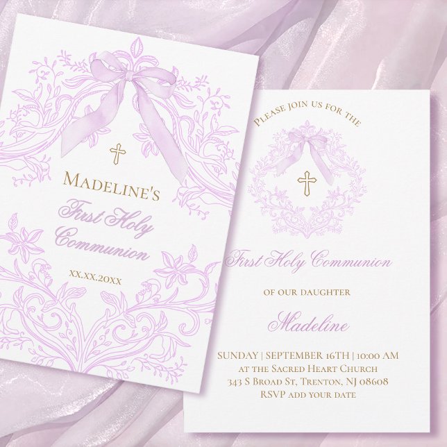 watercolor lilac crest First Holy Communion Inbjudningar (Skapare uppladdad)