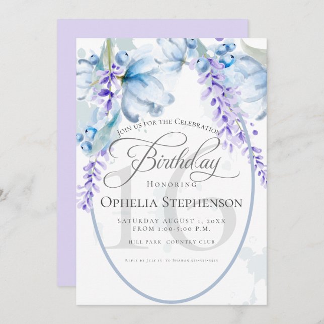 Watercolor Lilac-Dusty Blue Milestone Birthday Inbjudningar (Fram/baksida)
