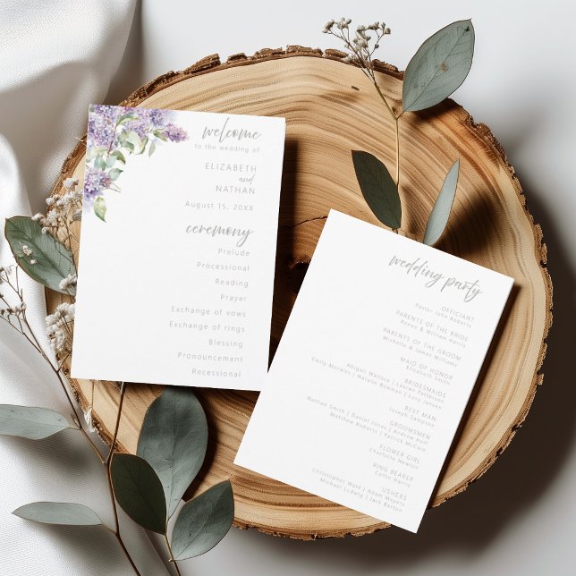  Watercolor Lilac Floral Wedding Ceremony Program  (Skapare uppladdad)