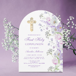 Watercolor Lilac Flowers Arch First Communion Inbjudningar