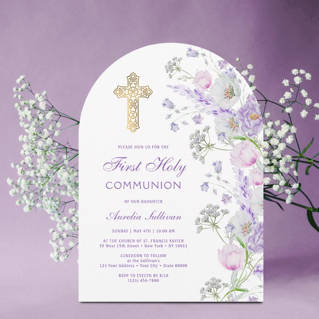 Watercolor Lilac Flowers Arch First Communion Inbjudningar (Skapare uppladdad)