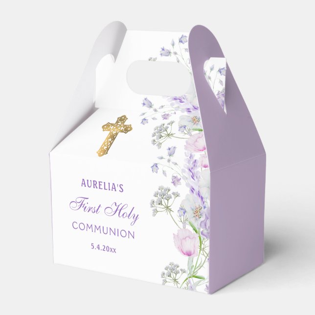 Watercolor Lilac Flowers First Communion Gable Presentaskar (Framsidan Sidan)