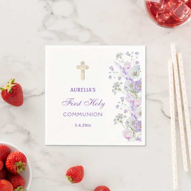 Watercolor Lilac Flowers First Communion Pappersservett (Insitu)