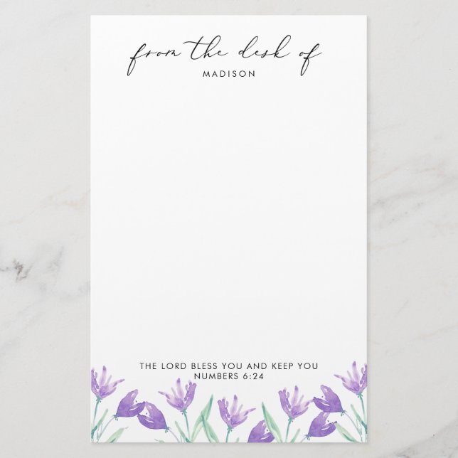 Watercolor Lilac Flowers Personlig Scripture Brevpapper (Framsida)