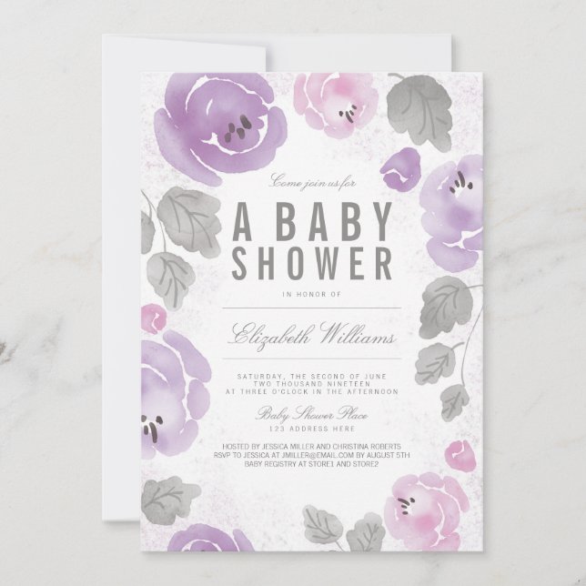 Watercolor Lilac Ro Romantic Baby Shower Inbjudan (Framsida)