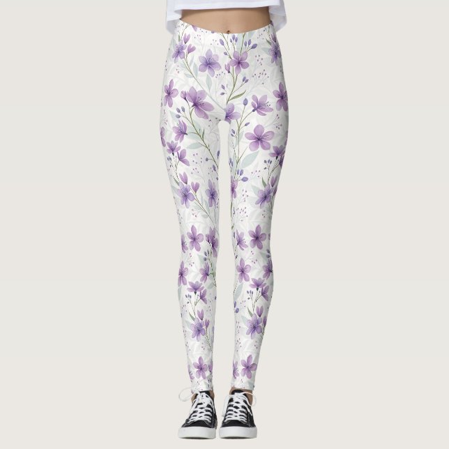 Watercolor Lilac Wildflower Pattern Leggings (Framsida)