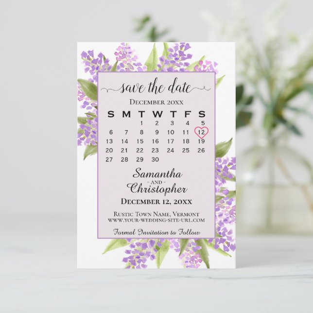 Watercolor Lilacs & Calendar Lavender Boho Bröllop Spara Datumet (Stående Fram)