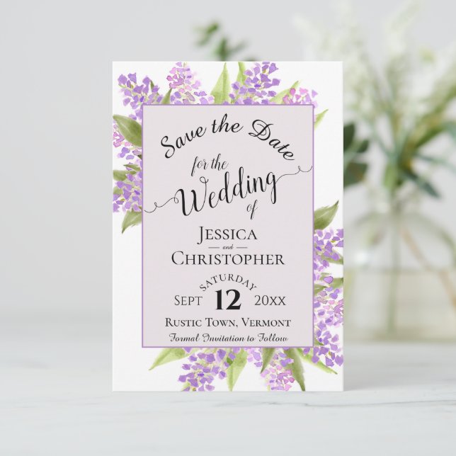 Watercolor Lilacs & Calligraphy Lavender Bröllop Spara Datumet (Stående Fram)