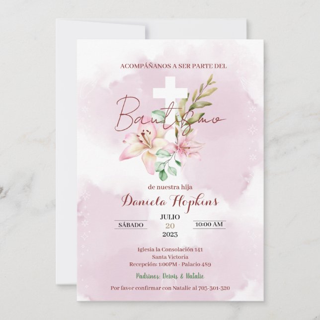 Watercolor lily baptism invitation inbjudningar (Framsida)