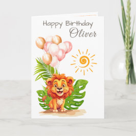 Watercolor Lion Kids Birthday Card with Name Kort