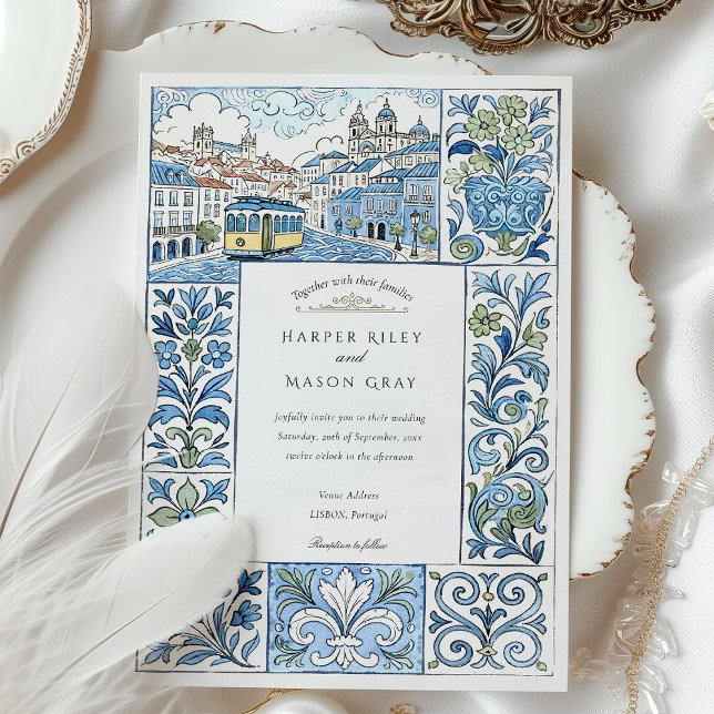 Watercolor Lissabon Hand-Payed Azulejos Bröllop Inbjudningar (Skapare uppladdad)