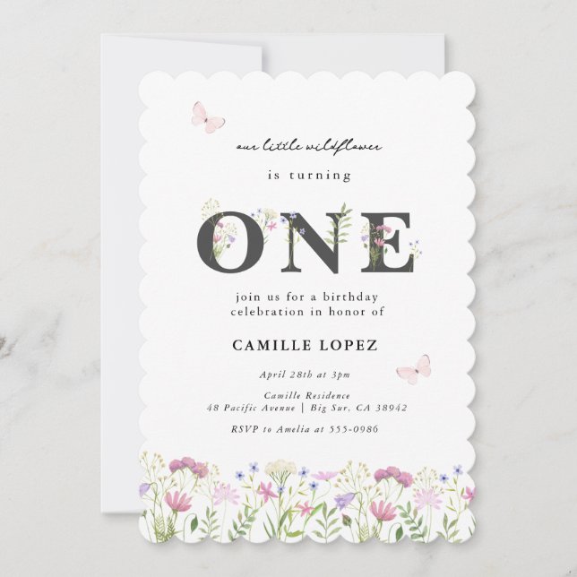 Watercolor Little Wildblomma 1:a födelsedagsinbjud Inbjudningar (Framsida)