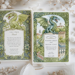 Watercolor Ljubljana Slovenien Dragon Bröllop Inbjudningar
