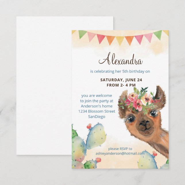 Watercolor Llama Birthday Inbjudningar (Fram/baksida)