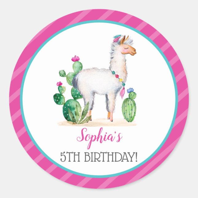 Watercolor Llama Birthday Runt Klistermärke (Framsida)
