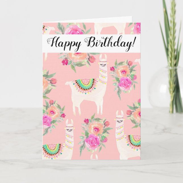 Watercolor Llama Blommigt Birthday Kort (Framsida)