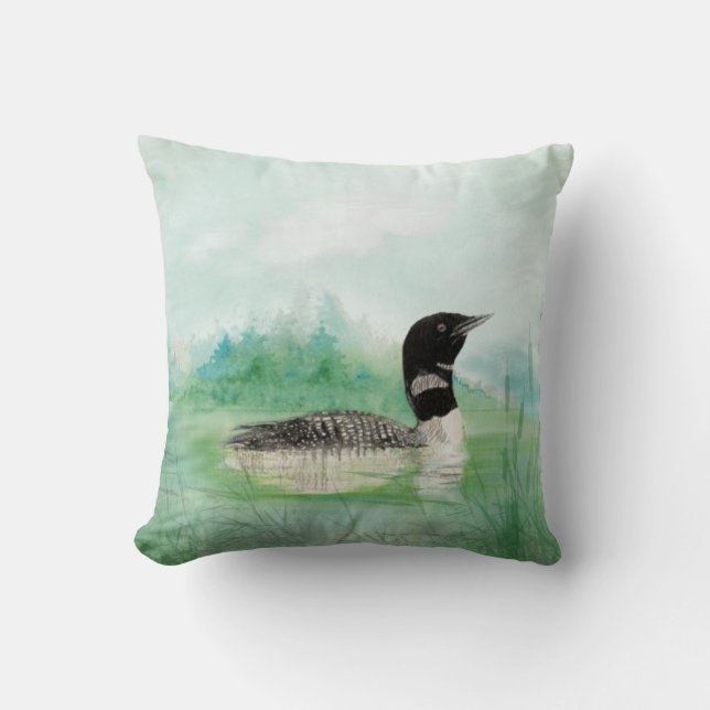Watercolor Loon Wilderness Sjö Bird Nature Art Kudde (Framsida)