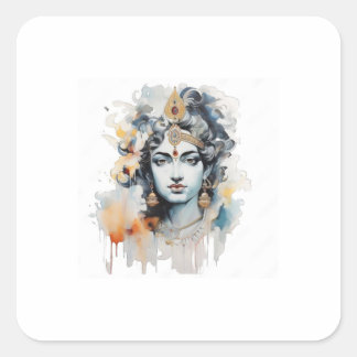 Watercolor Lord Krishna ansikte Fyrkantigt Klistermärke