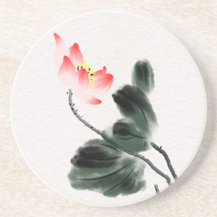 Watercolor Lotus Blommigt Chinoiserie Bläck Tvätta Underlägg