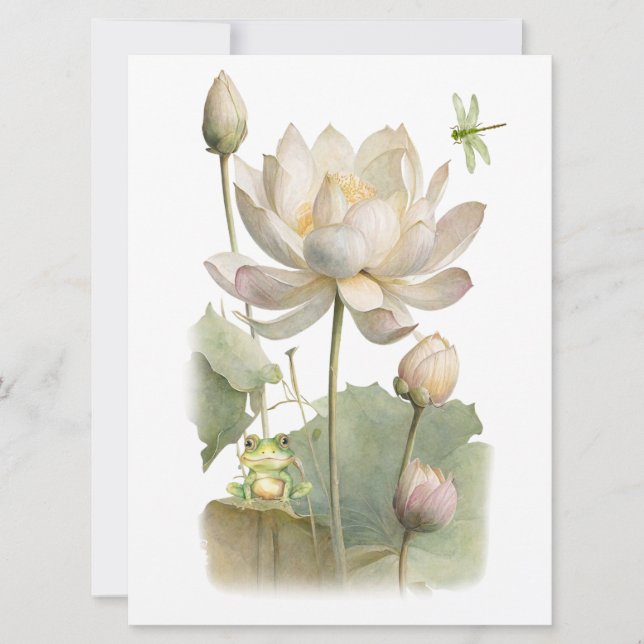Watercolor Lotus Flowers, Frog and Dragonfly Kort (Framsida)