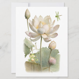 Watercolor Lotus Flowers, Frog and Dragonfly Kort
