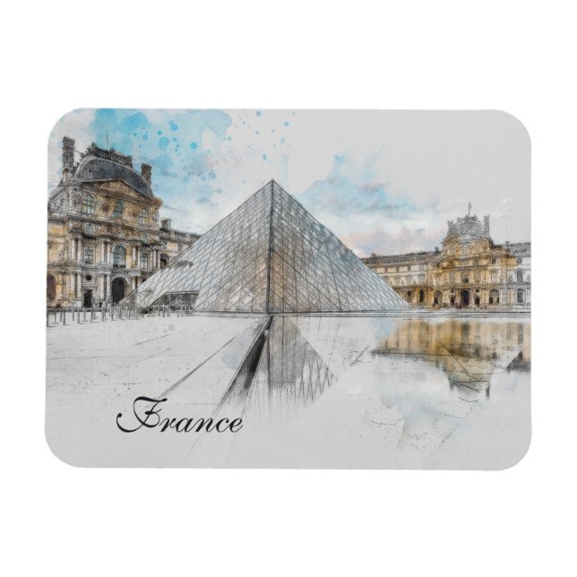 Watercolor Louvre Magnet - Paris Frankrike Travel (Horisontell)