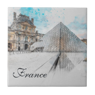 Watercolor Louvre, Paris Ceramic Tile - Elegant Kakelplatta