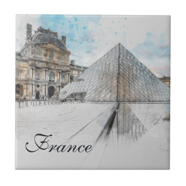 Watercolor Louvre, Paris Ceramic Tile - Elegant Kakelplatta (Framsidan)