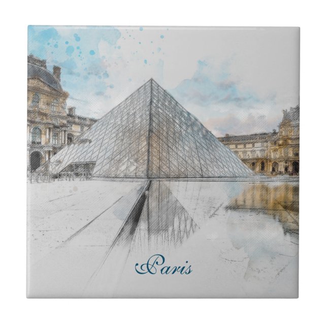 Watercolor Louvre, Paris Ceramic Tile Kakelplatta (Framsidan)