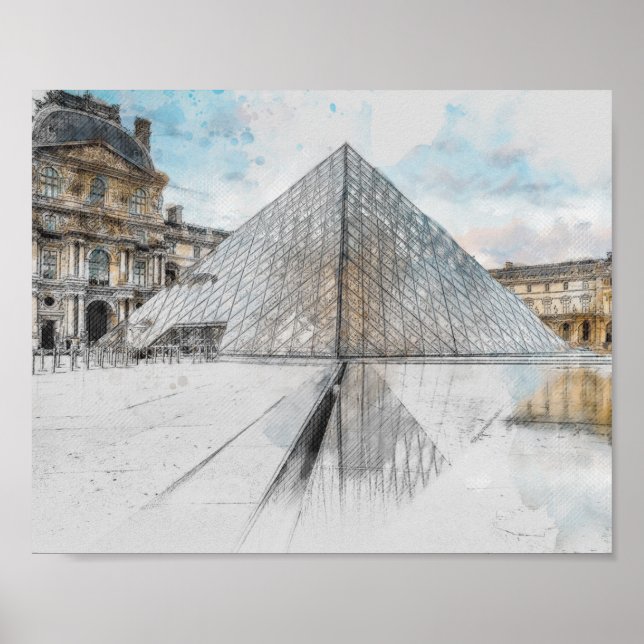 Watercolor Louvre Paris Frankrike Poster | Konstnä (Framsidan)