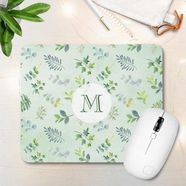 Watercolor Löv Foliage Greenery Monogram Musmatta (Skapare uppladdad)