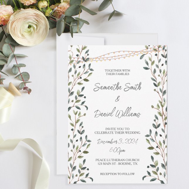 Watercolor Löv Greenery Bröllop Inbjudningar (Pretty greenery and fairy lights decorate these wedding invitations.)