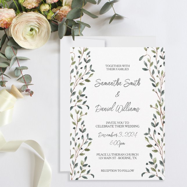 Watercolor Löv Greenery Bröllop Inbjudningar (A simple but pretty botanical themed wedding invitation.)