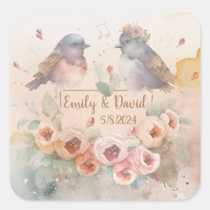 Watercolor love birds med ro för bröllop fyrkantigt klistermärke