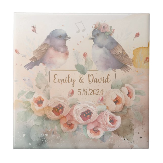 Watercolor love birds med ro för bröllop kakelplatta (Framsidan)