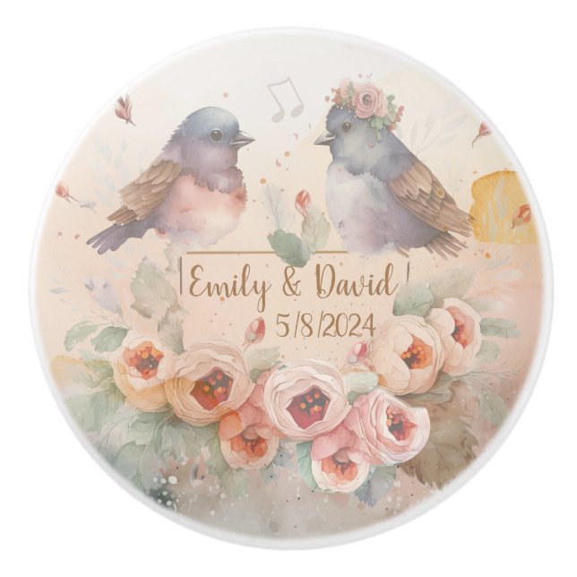 Watercolor love birds med ro för bröllop knopp (Framsidan)