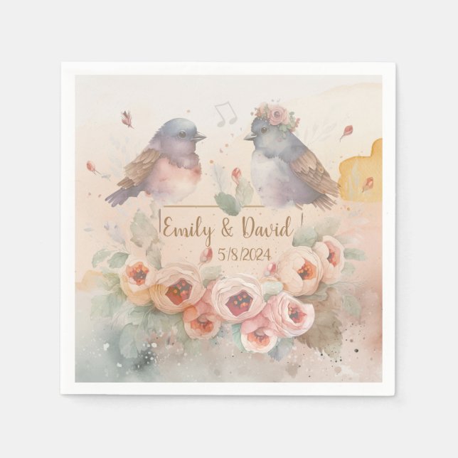Watercolor love birds med ro för bröllop pappersservett (Framsidan)