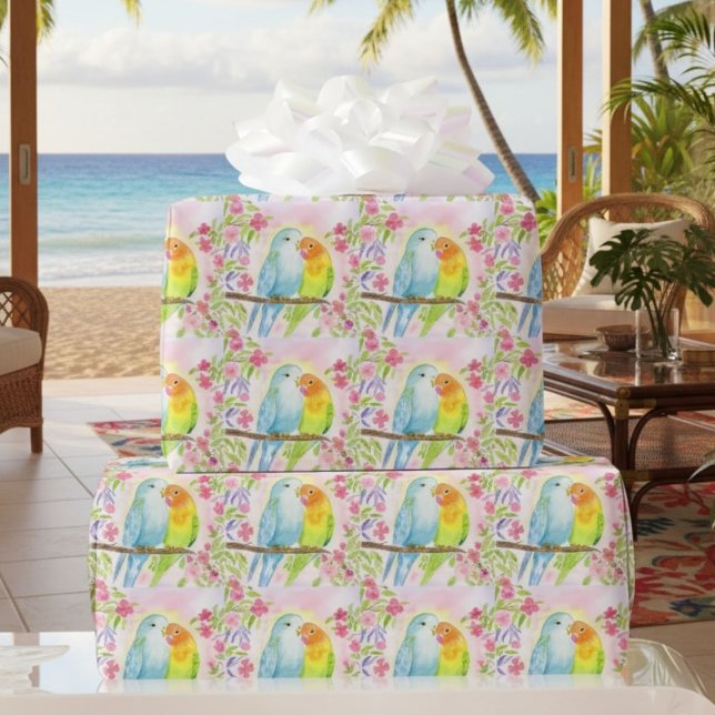 Watercolor Love Birds with Pink Flowers Presentpapper (Skapare uppladdad)