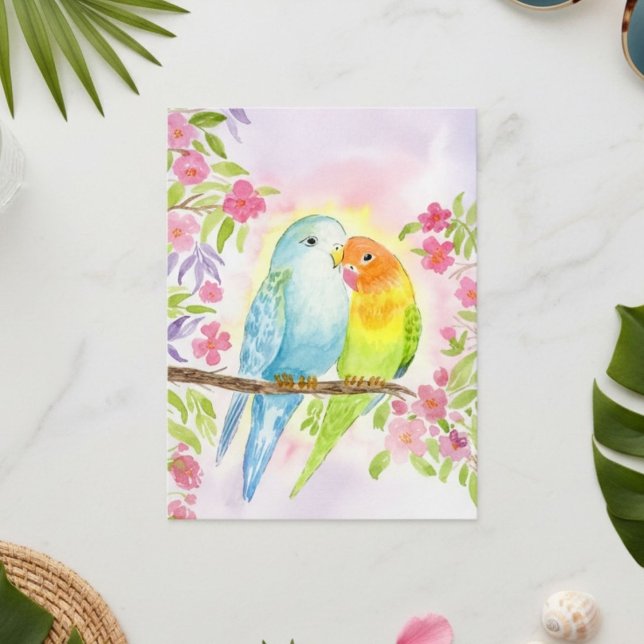Watercolor Love Birds with Pink Flowers Vykort (Skapare uppladdad)