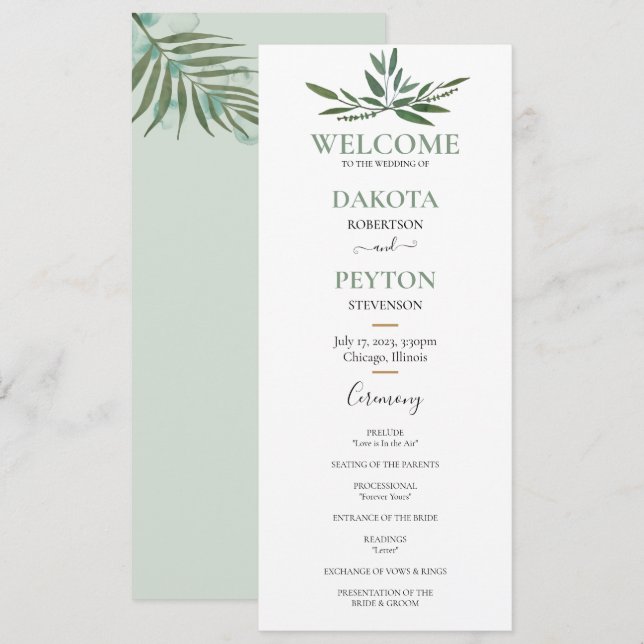 Watercolor Lövs 07a Bröllop Ceremony Program (Fram/baksida)