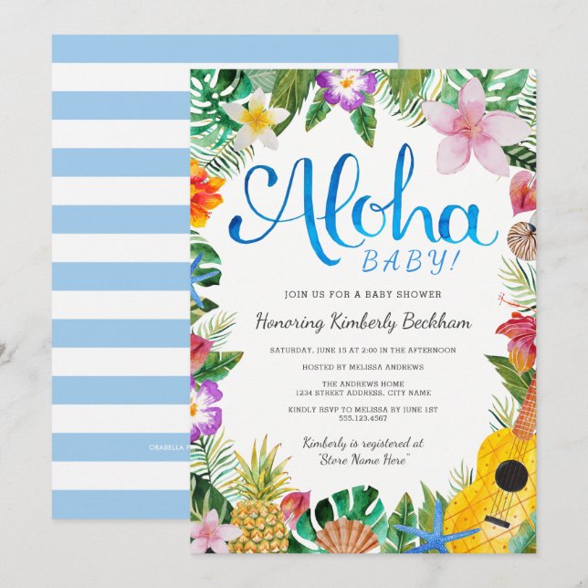Watercolor Luau Baby Shower Inbjudan | Blå (Fram/baksida)