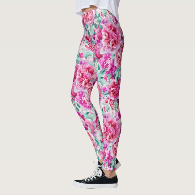 Watercolor Lush Rosa Peonies & Grönt Teal Löv Leggings (Vänster)