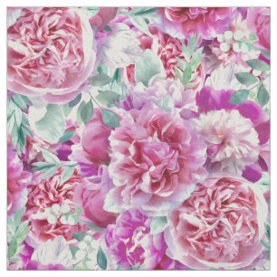 Watercolor Lush Rosa Peonies & Grönt Teal Löv Tyg